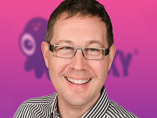 Dave Baggett on a colorful background with the Inky logo on it.