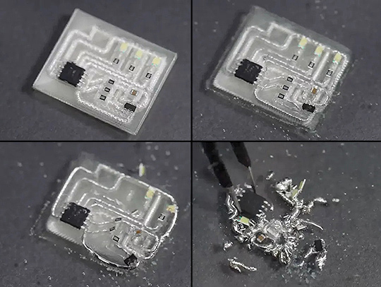 4 images showing a gryish-white, plastic-looking circuit board degrading into crumbs