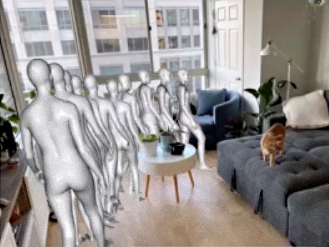 Many grayscale, motion-captured 3D models of a person walking, overlapped to show the person's progress as they appear to walk through a photograph of a room.