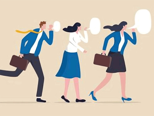 Stock art of three people in business attire, illustrated in a flat, simple style, with empty speech bubbles coming from their mouths. Credit: Shutterstock.