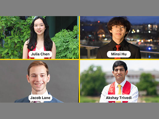 A simple grid collage of the four students who won the Grant Family Award. One is a young woman and the others are young men.