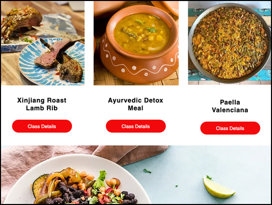 A screen capture of Fancy and Spicy's website, showing photos of international dishes.