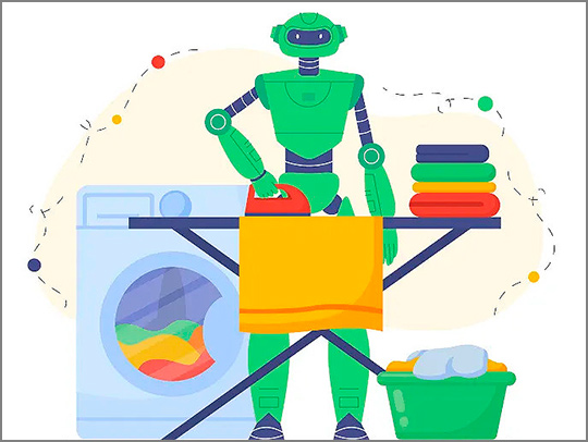 A cartoon-style illustration of a bright green humanoid robot doing laundry.