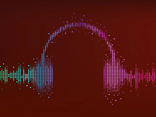 An illustration of headphones and soundwaves made out of colored pixels