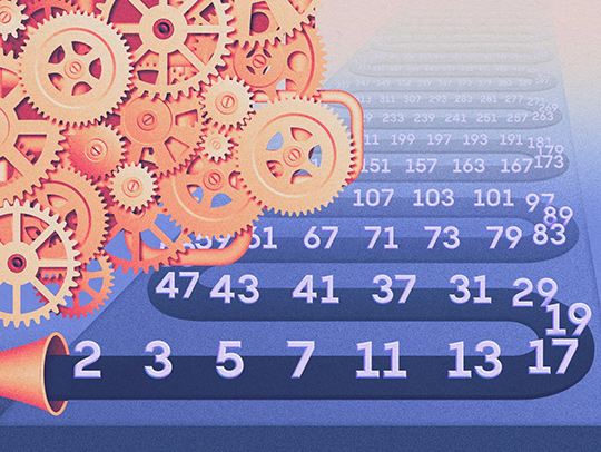 An illustration in blue and orange tones showing many interlocking gears and a field of prime numbers. The piece is called Infinate Prime. Credit: Kristina Armitage