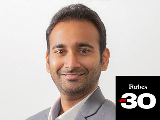 Dr. Srijan Kumar and the Forbes' 30 Under 30 logo