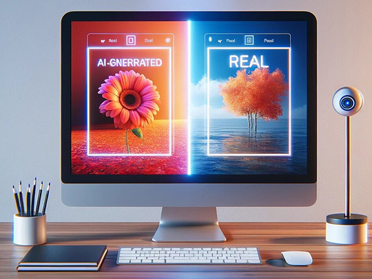 Stock photography of an iMac on a plain desktop with 2 images filling its screen: one laveled AI generated, and one labeled real.