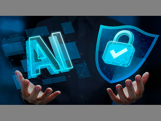 Conceptual image of a glowing lock icon and shield, and glowing letters AI. Credit: iStock