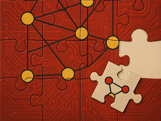 An illustration made out of puzzle pieces, circuitry and data points