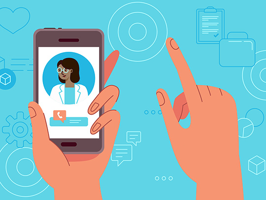 An illustration showing a doctor on a cell phone video call by iStock