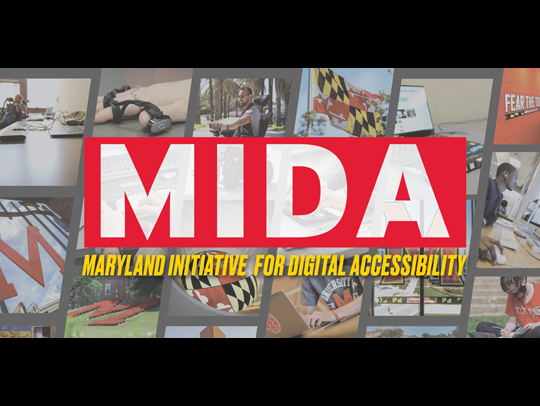 Maryland Initiative for Digital Accessibility logo with a photo collage of accessibility research-related photos behind it.