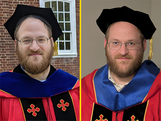 Twins Moshe and Yehuda Katz, both wearing Ph.D. regalia.