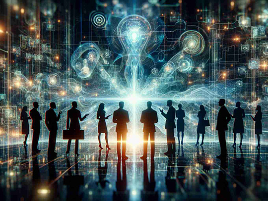 Sci-fi style stock art of a group of silhouetted people in fromt of a dark, abstract background with a central point of bright light