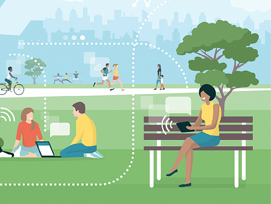 An illustration of someone working on a laptop in a park