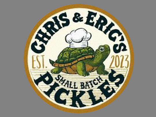 The Chris and Eric's Pickles logo, featuring a hand-drawn terrapin with a chef's hat sitting on top of its shell.