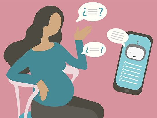 A flat, stylized illustration of a pregnant woman chatting with an app on her phone. Creidt: Shutterstock.