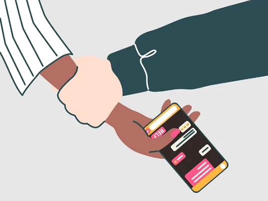 A cartoon showing a hand grabbing a woman's arm. There is a phone in the woman's hand.