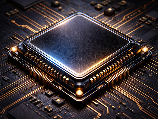 Stock image of a computer chip with a black and bronze color theme.