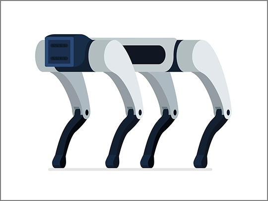 Flat-color illustration of a headless, 4-legged robot. Credit: iStock.