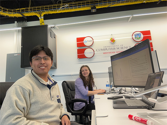 Rodrigo Sandon and Marie Brodsky in a computer lab in the Iribe Center