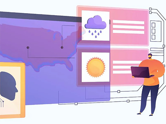 Colorful flat 2D illustration of a man looking a screens full of weather information