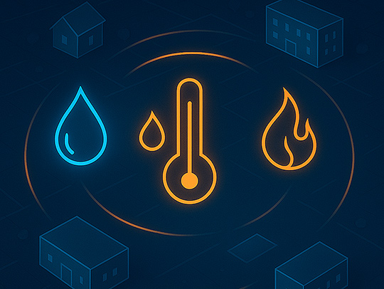 An illustration showing buildings with water, temperature, and fire symbols.