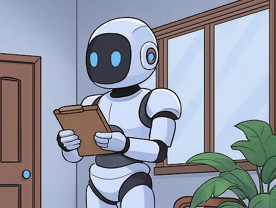 Cartoon of a humanoid robot stnding in a living room