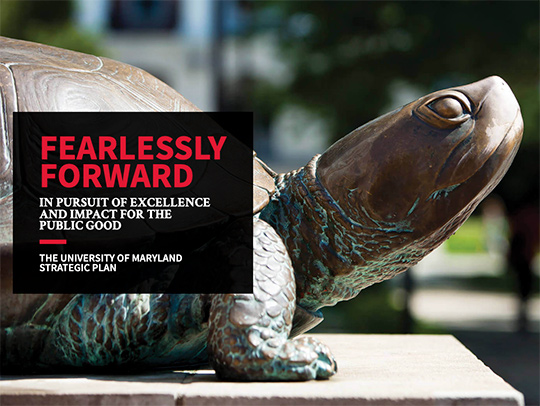 Photo of the cover of UMD's Strategic Plan report, featuring a bronze Testudo