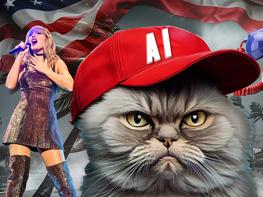 An Adobe AI-generated stock image of Taylor Swift singing and an angry Persian cat wearing a red baseball cap, with a colorful background.