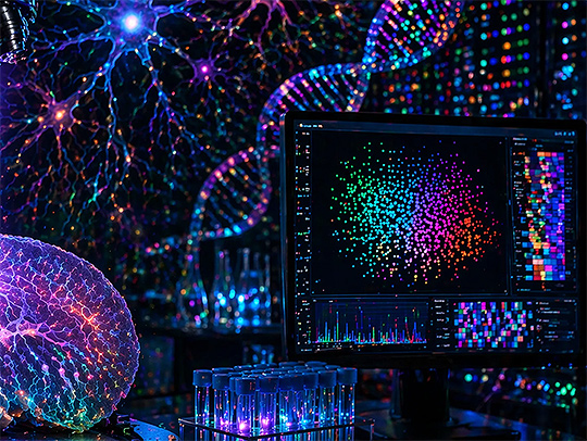 A monitor in a dark room lit up with brightly-colored data points, information and graphs.