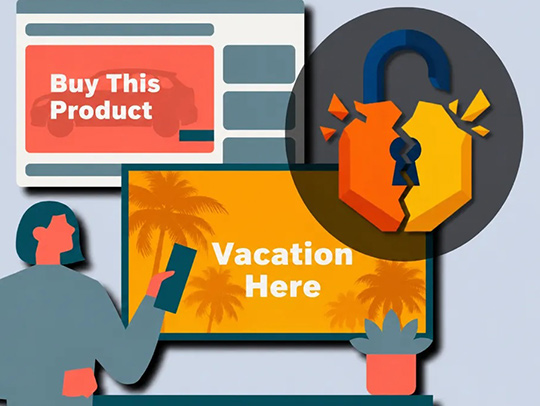 Colorful flat 2D AI-generated illustration of a person looking at digital ads