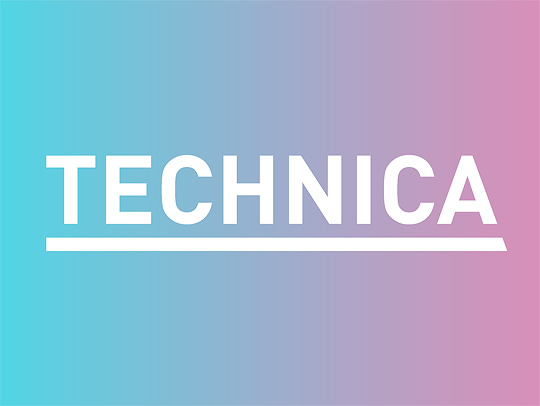 The Technica logo in white on an aqua-to-pink gradient background.