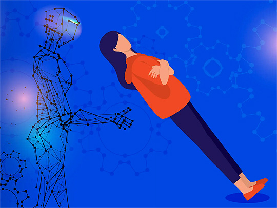 Abstract stock art showing a woman falling backward into the arms of a virtual, wireframe person in a trust exercise. Credit: iStock.