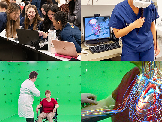 A collage of student physician assistants interacting with virtual and augmented reality tools.