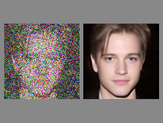A photo of a young man's face (right) and its unremovable watermark (left), which appears as a head-shaped collection of colorful noise. Noise is added to a random 'trigger' image, and a model is modified to have a specific embedded behavior when it sees this unusual image. The presence of this special behavior indicates that a model has been watermarked. Image courtesy of Tom Goldstein.
