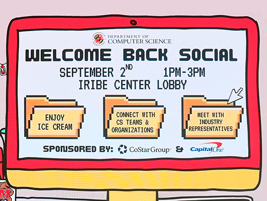 Chunky retro computer themed graphics advertising the fall CS social