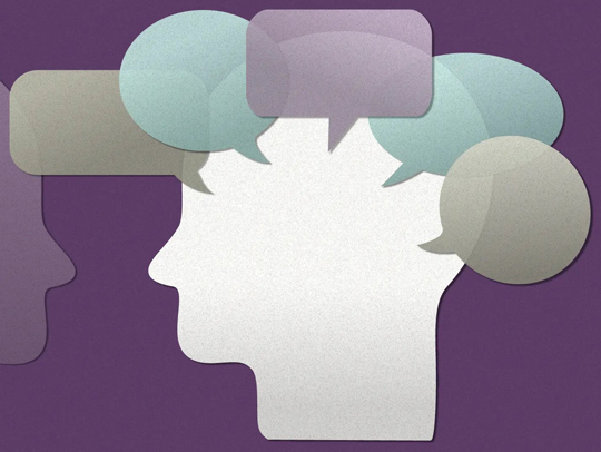 Stock art of a cut-paper style illustration showing the silhoutte of a head surrounded by word bubbles.