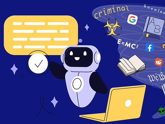 A carnoon-like illustration in shades of blue and yellow of a robot with a laptop, with a word cloud swirling around it. Credit: iStock