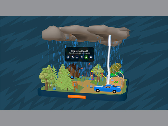 An illustration of a dark grey storm cloud shedding rain and a bolt of lightning. Down below there is a car in the woods.