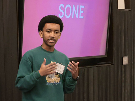 Yonatan Tussa pitches his startup, SONE, at the Capital One tech incubator, organized by the Mokhtarzada Hatchery program and the UMD  Startup Shell.