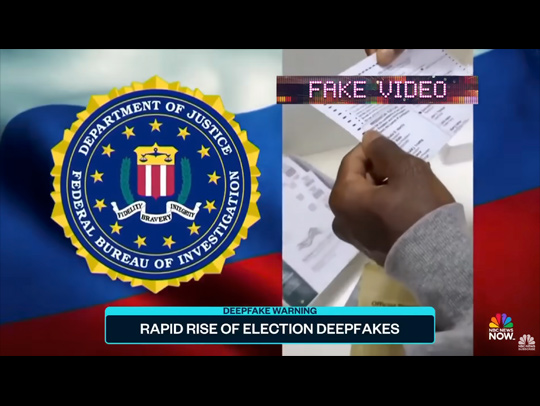 A still frame from an NBC news segment. One one side is a seal saying Department of Justice and Federal Bureau of Investigation. There's a header in dot matrix text reading FAKE VIDEO, and a subheader that reads RAPID RISE OF ELECTION DEEPFAKES.