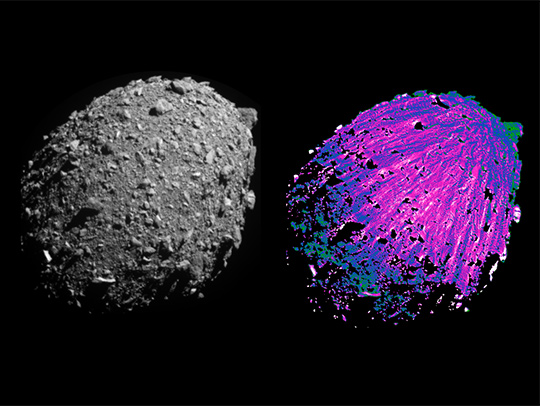 Two views of the boulder-covered moon Dimorphos. On top is a photo. The lower image is the same, after correcting for lighting and shadows cast, revealing a fan-shaped pattern of streaks, highlighted in color. Credit: NASA-JHU-APL-UMD.