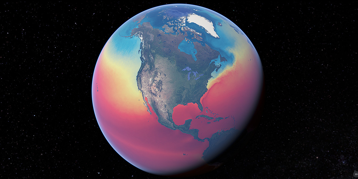 A view of the Earth's Western Hemisphere from space, with bright colors indicating sea surface temperatured. Credit: Google Earth.