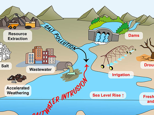 A colorful illustration showing how salinization can come from a variety of sources. Combined, salt coming from both land and sea can spell 'double trouble' for fresh water supplies. A colorful illustration showing how salinization can come from a variety of sources. Combined, salt coming from both land and sea can spell 'double trouble' for fresh water supplies.