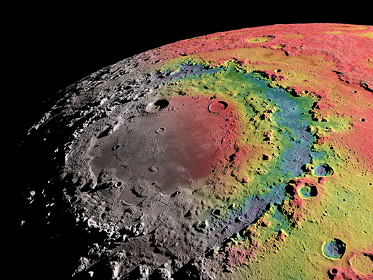 A visualization of the moon’s Orientale Basin. False colors on this image’s right side and chart the basin’s subsurface structure. Credit: NASA’s Scientific Visualization Studio