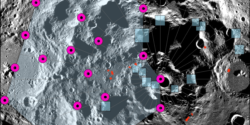 The epicenter of one of the strongest moonquakes ever recorded by the Apollo Passive Seismic Experiment could not be accurately determined. Researchers tracked multiple possible locations using a relocation algorithm specifically adapted for the sparse seismic networks near the Pole. Blue boxes show locations of proposed Artemis III landing regions, while the small red marks represent scarps. Image Credit: NASA-LRO-LROC-ASU-Smithsonian Institution