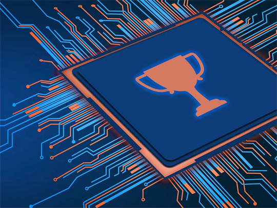 The IEEE Photonics Society Quantum Electronics Award. It shows a dark blue chip with a trophy cup on it, mounted on a dark blue circuit board lined with with orange and cyan traces.