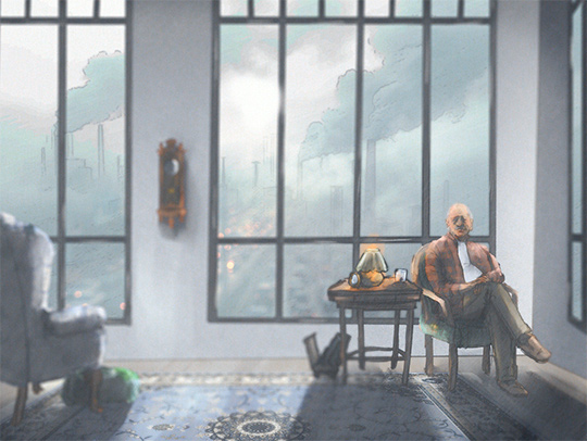 A painterly illustration of a man sitting in front of large windows. Outside, black clouds are coming out of smokestacks. Credit: Olivia Mercurio