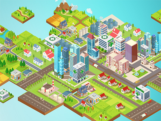 A colorful, isometric illustration of a city, broken into various sections. Credit: Olivia Mercurio.