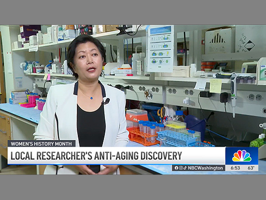 Professor Kan Cao in her lab, wearing a lab coat, speaking to NBC-4 about her research.